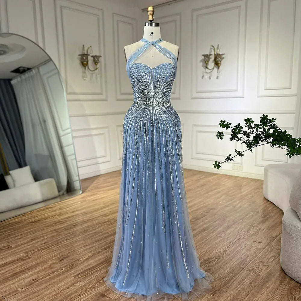 Vestidos de Noite e Fatos de Gala de Luxo com Contas para Mulheres, Modelo Sereia com Alças Finas em Turquesa Dubai da Serene Hill, para Casamentos e Festas 2025, LA72322