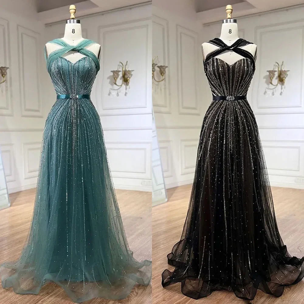 Vestidos de Noite e Fatos de Gala de Luxo com Contas para Mulheres, Modelo Sereia com Alças Finas em Turquesa Dubai da Serene Hill, para Casamentos e Festas 2025, LA72322