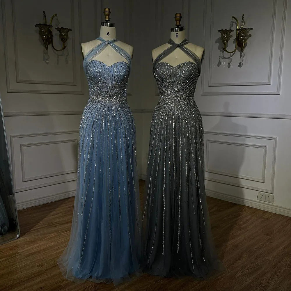 Vestidos de Noite e Fatos de Gala de Luxo com Contas para Mulheres, Modelo Sereia com Alças Finas em Turquesa Dubai da Serene Hill, para Casamentos e Festas 2025, LA72322