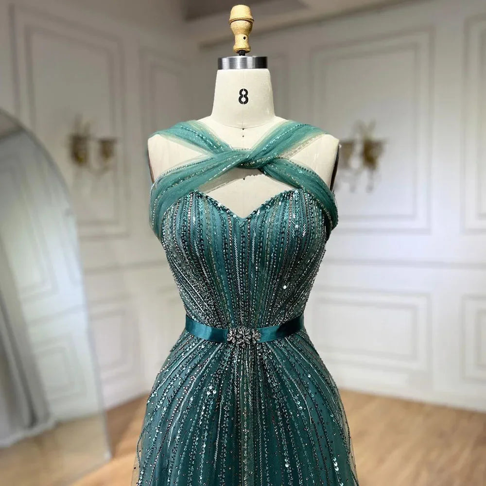 Vestidos de Noite e Fatos de Gala de Luxo com Contas para Mulheres, Modelo Sereia com Alças Finas em Turquesa Dubai da Serene Hill, para Casamentos e Festas 2025, LA72322