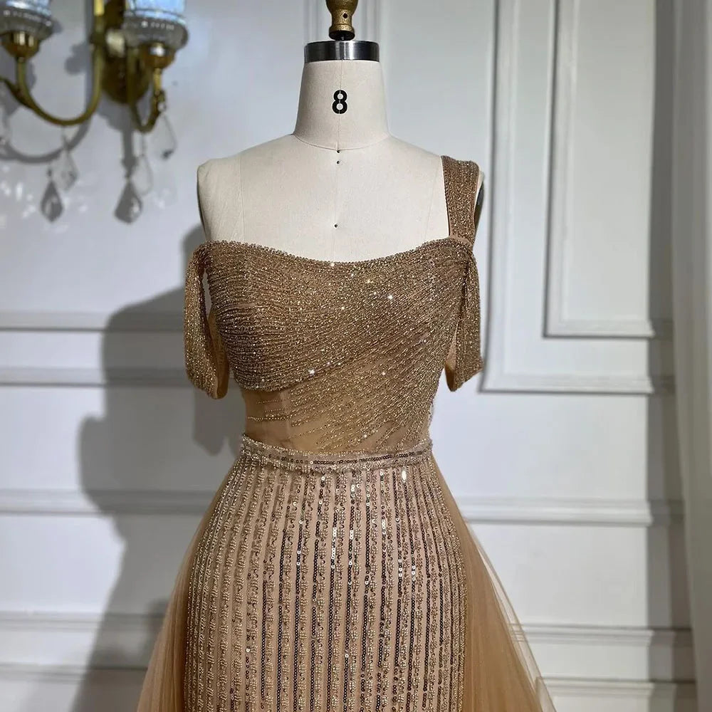 Serene Hill Gold Mermaid Elegant One Shoulder Overskirt Beaded Luxury Evening Dresses Gowns 2025 For Women Wedding Party LA72453