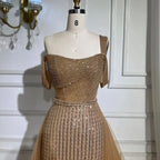 Serene Hill Gold Mermaid Elegant One Shoulder Overskirt Beaded Luxury Evening Dresses Gowns 2025 For Women Wedding Party LA72453