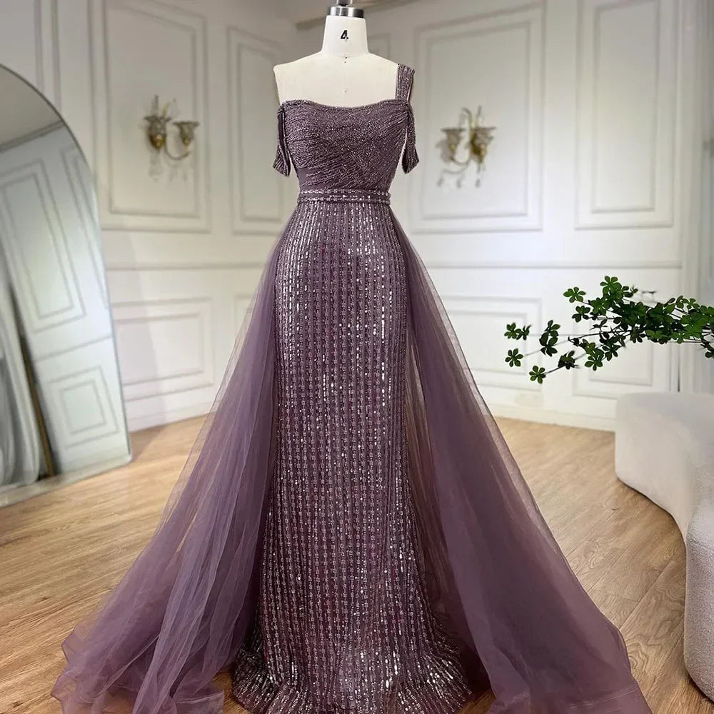 Serene Hill Gold Mermaid Elegant One Shoulder Overskirt Beaded Luxury Evening Dresses Gowns 2025 For Women Wedding Party LA72453