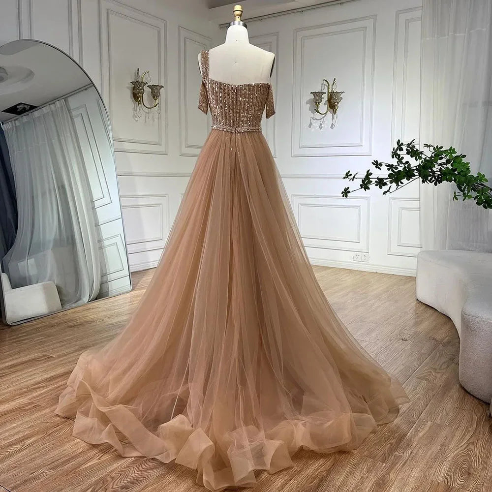 Serene Hill Gold Mermaid Elegant One Shoulder Overskirt Beaded Luxury Evening Dresses Gowns 2025 For Women Wedding Party LA72453