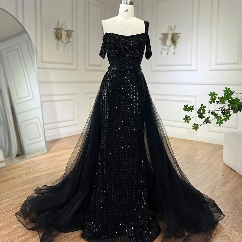 Serene Hill Gold Mermaid Elegant One Shoulder Overskirt Beaded Luxury Evening Dresses Gowns 2025 For Women Wedding Party LA72453