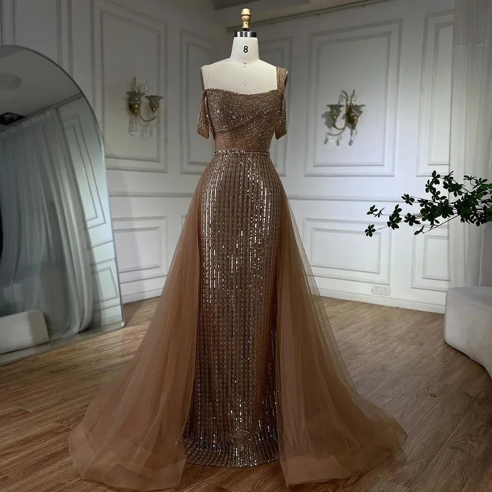 Serene Hill Gold Mermaid Elegant One Shoulder Overskirt Beaded Luxury Evening Dresses Gowns 2025 For Women Wedding Party LA72453