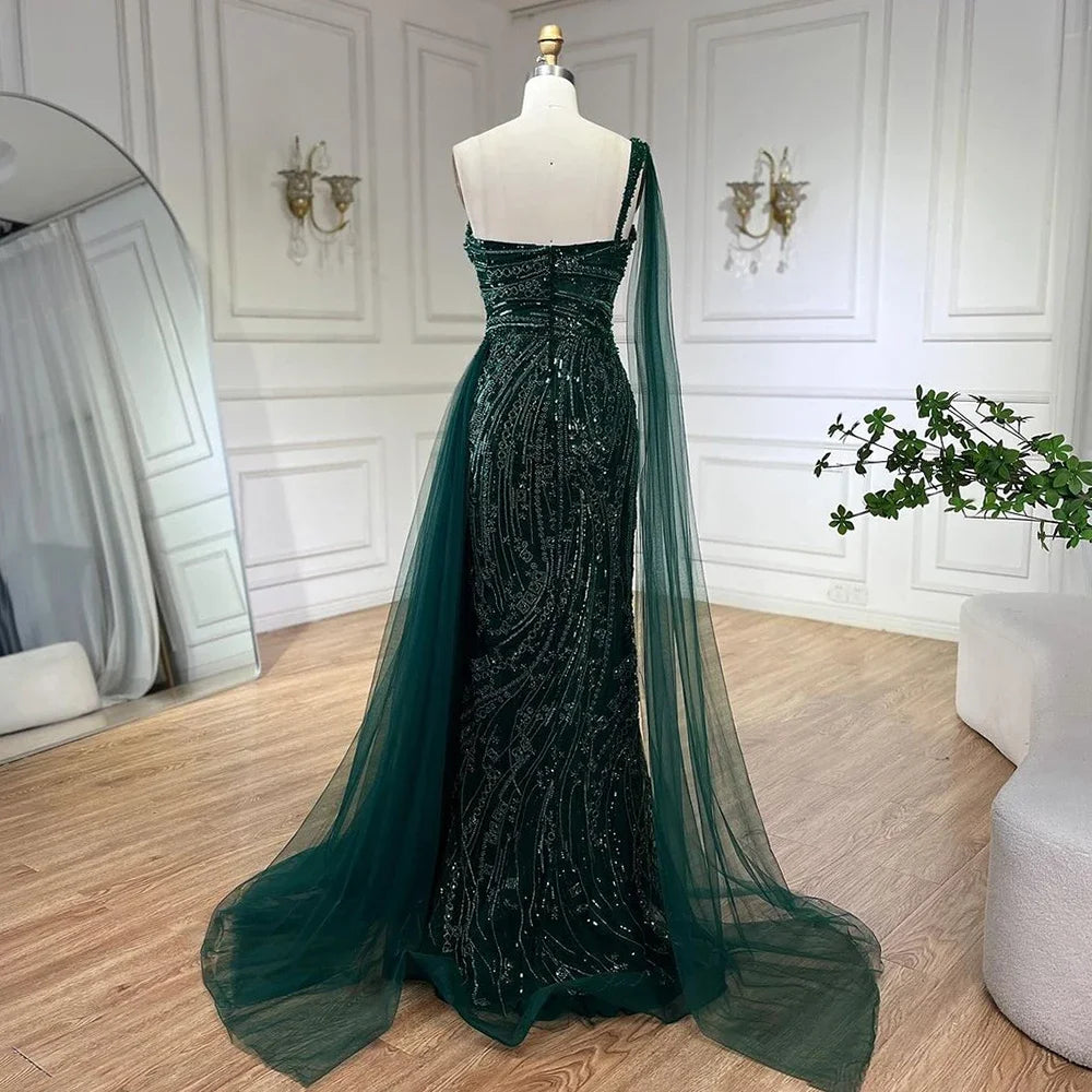 Luxury Green One Shoulder Mermaid Evening Dress with Cape LA72472