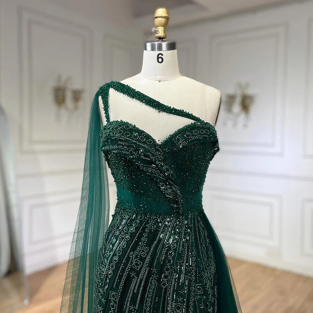 Luxury Green One Shoulder Mermaid Evening Dress with Cape LA72472