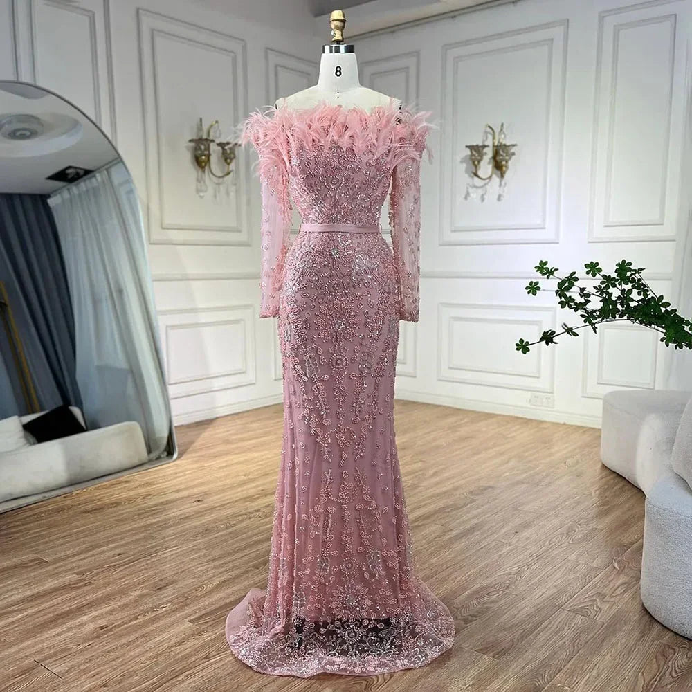 Luxury Dubai Green Long Sleeves Feathers Beaded Evening Dress LA72553