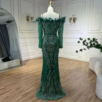 Luxury Dubai Green Long Sleeves Feathers Beaded Evening Dress LA72553