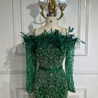 Luxury Dubai Green Long Sleeves Feathers Beaded Evening Dress LA72553