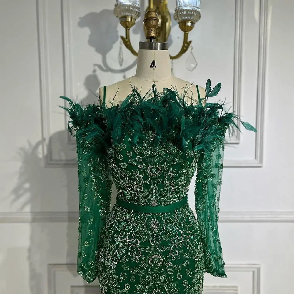 Luxury Dubai Green Long Sleeves Feathers Beaded Evening Dress LA72553