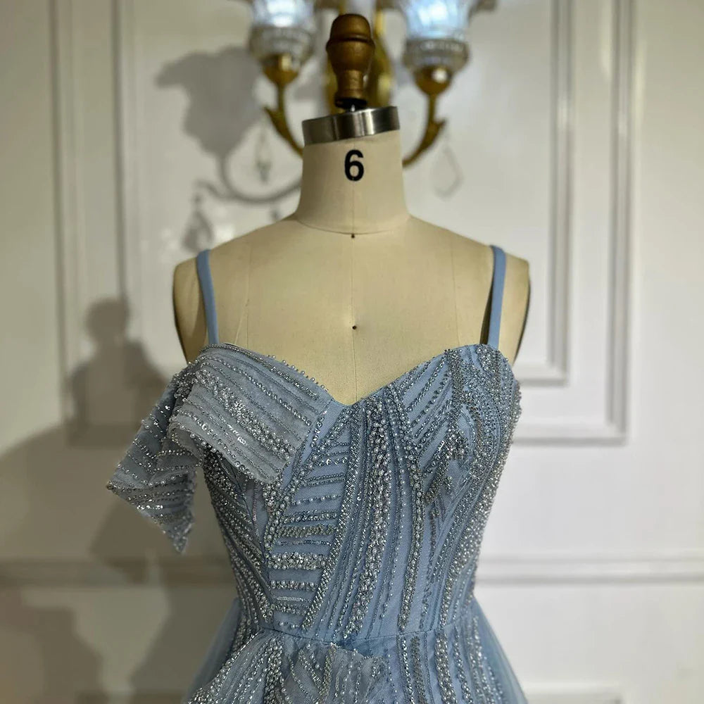 Luxury Dubai Mermaid Evening Dress With Skirt  Light blue Beaded Spaghetti Strap For Formal Occasion  LA72341A