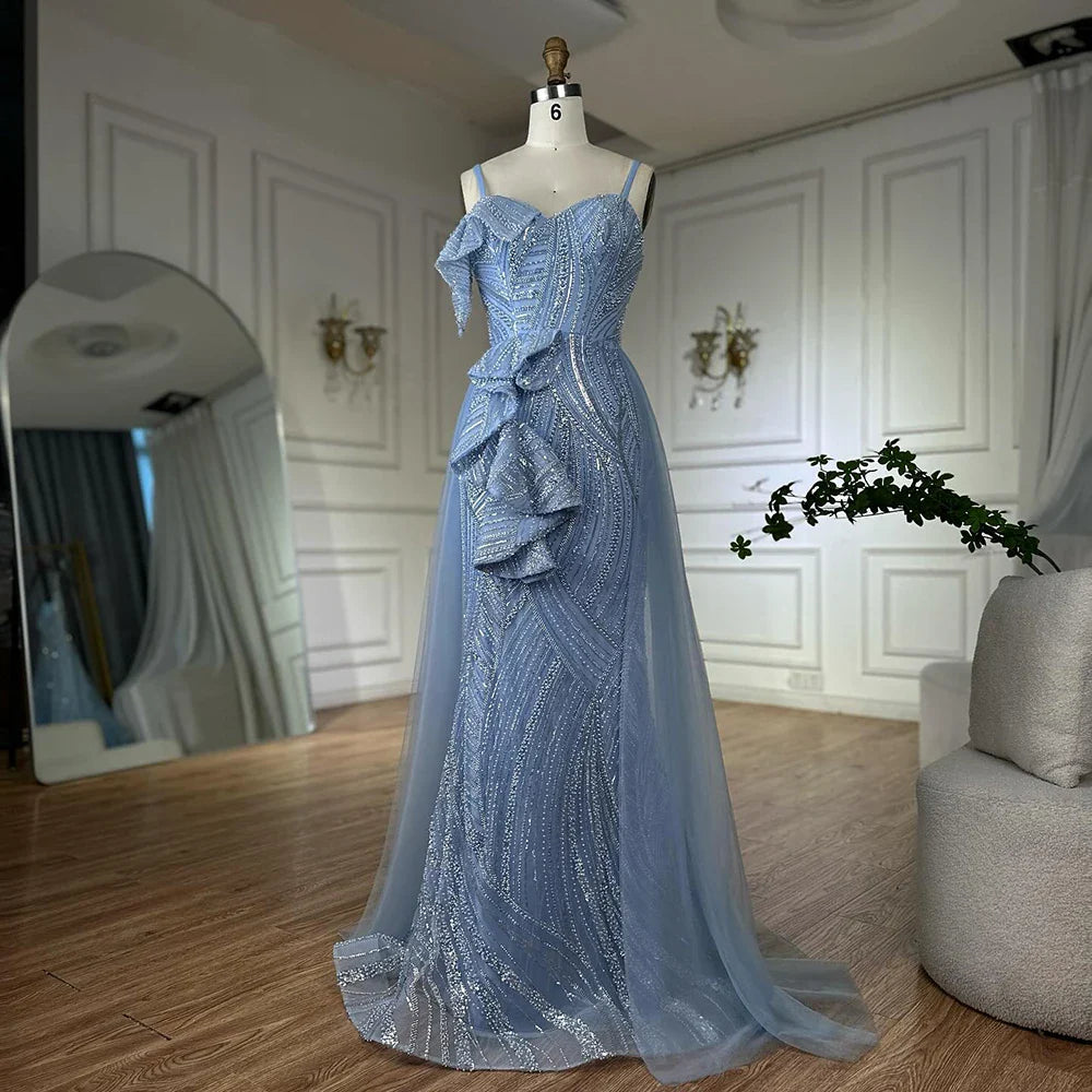 Luxury Dubai Mermaid Evening Dress With Skirt  Light blue Beaded Spaghetti Strap For Formal Occasion  LA72341A