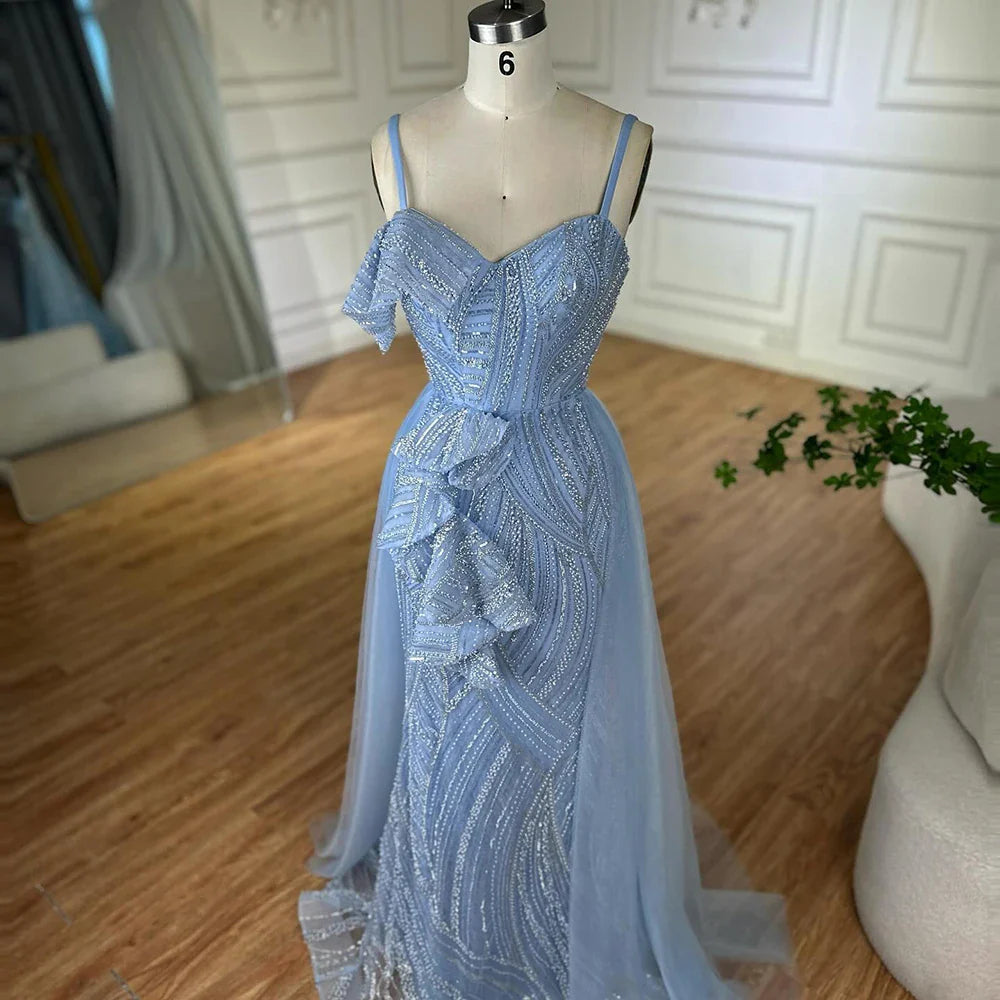 Luxury Dubai Mermaid Evening Dress With Skirt  Light blue Beaded Spaghetti Strap For Formal Occasion  LA72341A