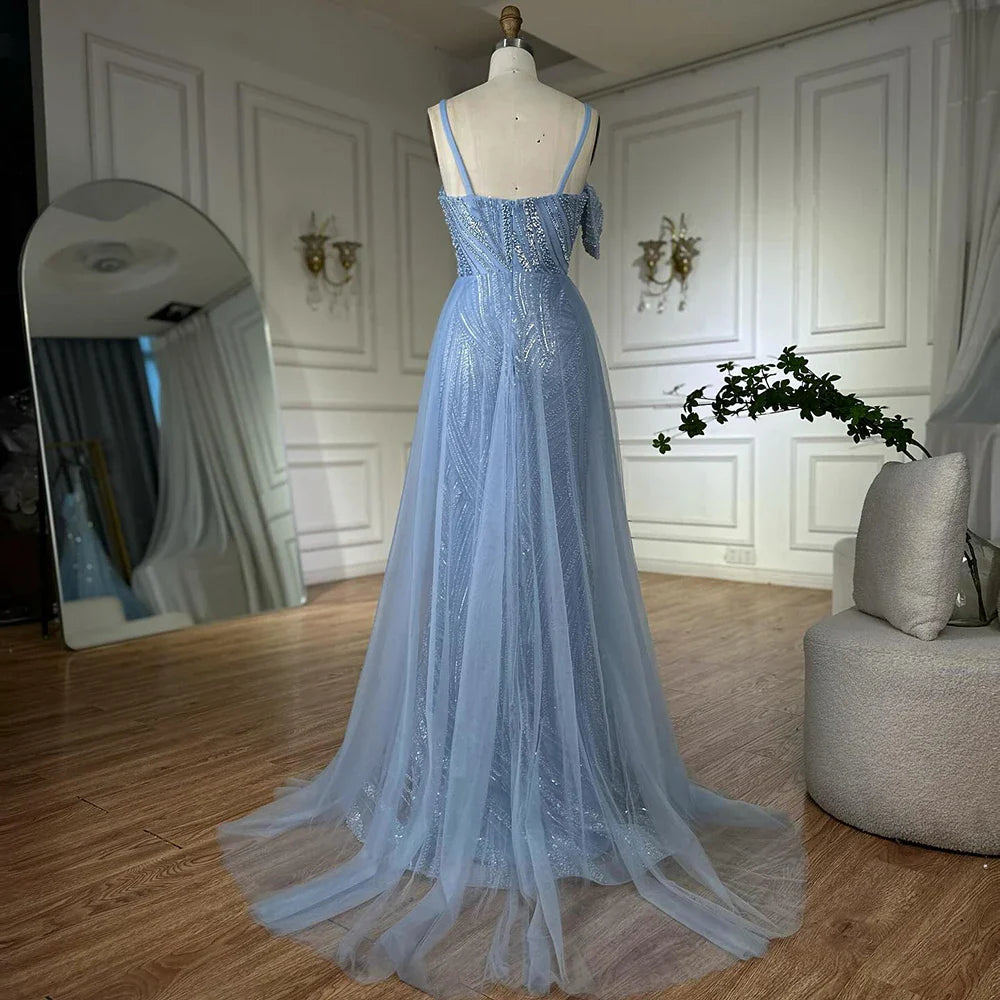 Luxury Dubai Mermaid Evening Dress With Skirt  Light blue Beaded Spaghetti Strap For Formal Occasion  LA72341A