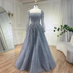 Vestidos Longos de Noite Luxuosos Serene Hill Muçulmano Rosa em Linha A com Contas Dubai para Mulher Festa de Casamento