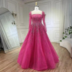 Vestidos Longos de Noite Luxuosos Serene Hill Muçulmano Rosa em Linha A com Contas Dubai para Mulher Festa de Casamento