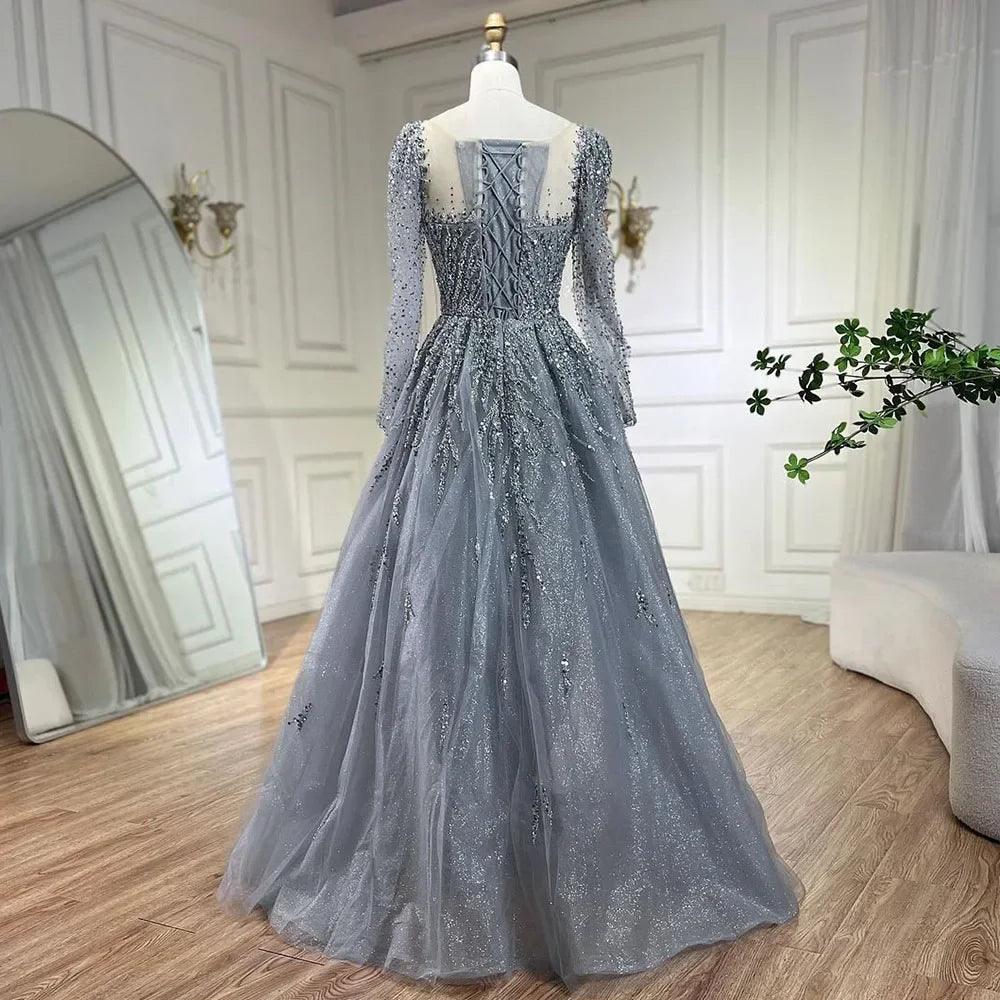 Vestidos Longos de Noite Luxuosos Serene Hill Muçulmano Rosa em Linha A com Contas Dubai para Mulher Festa de Casamento