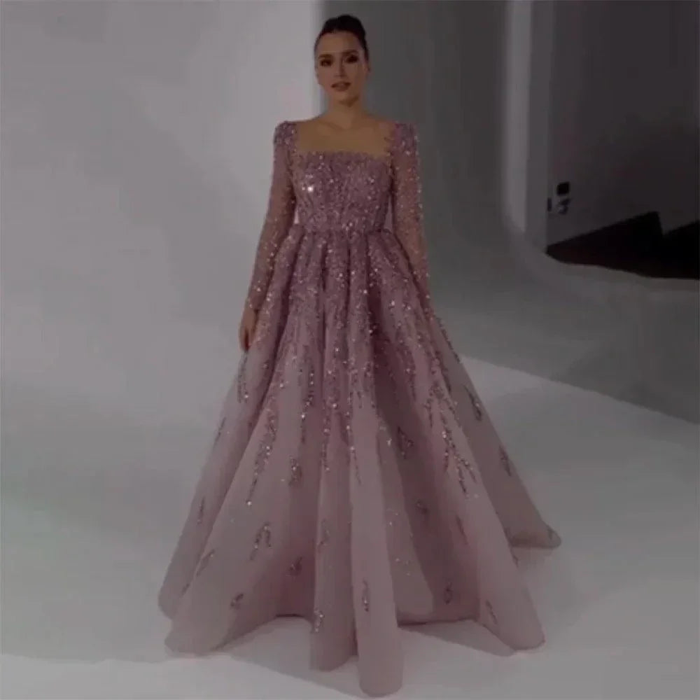 Serene Hill Musulmano Rosa Abito Lungo a Linea A con Perline Lusso Dubai Abiti da Sera Lunghi per Donna Festa di Nozze