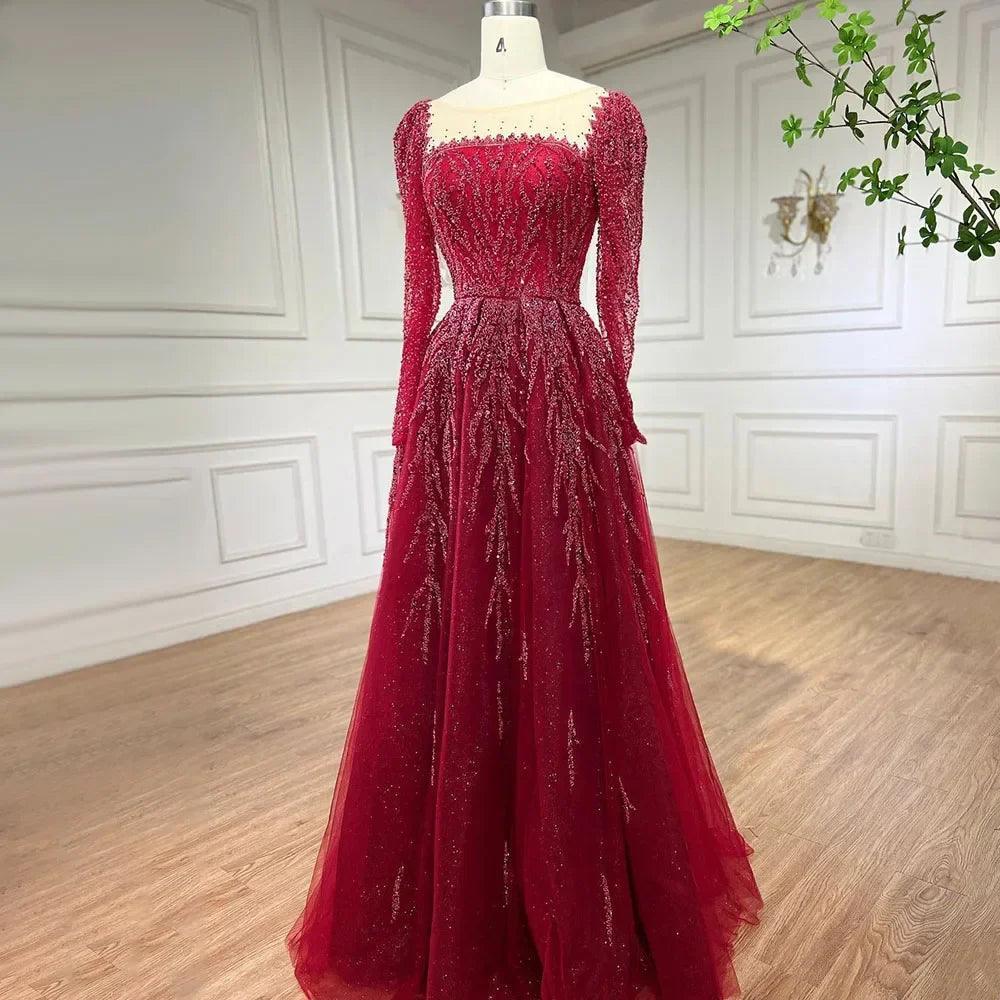 Serene Hill Musulmano Rosa Abito Lungo a Linea A con Perline Lusso Dubai Abiti da Sera Lunghi per Donna Festa di Nozze