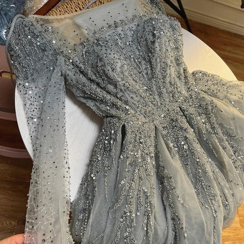 Vestidos Longos de Noite Luxuosos Serene Hill Muçulmano Rosa em Linha A com Contas Dubai para Mulher Festa de Casamento