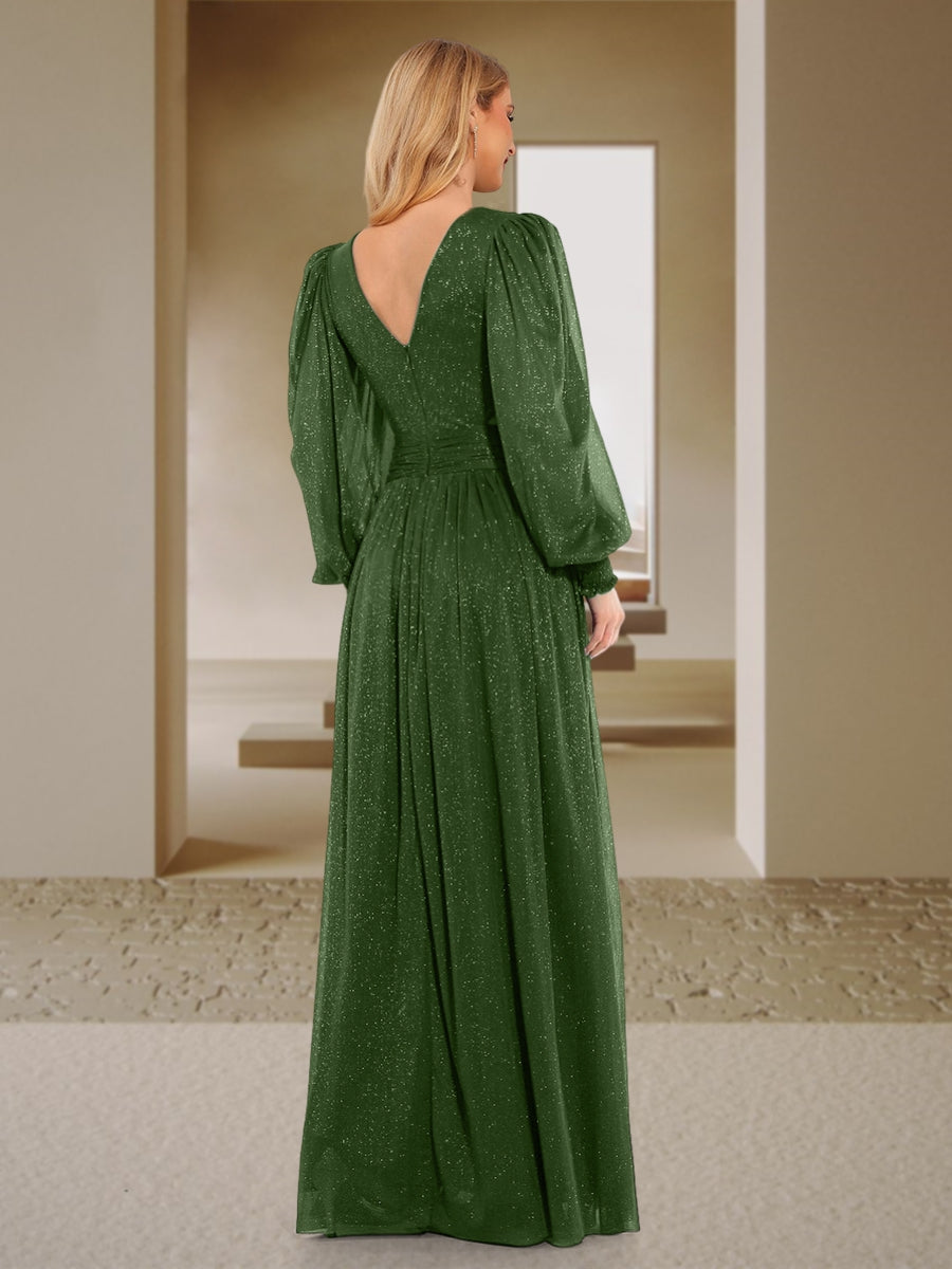 Olive Green A Line V Neck Bridesmaid Dresses With Long Sleeves Side Slit