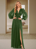Olive Green A Line V Neck Bridesmaid Dresses With Long Sleeves Side Slit
