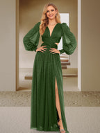 Olive Green A Line V Neck Bridesmaid Dresses With Long Sleeves Side Slit