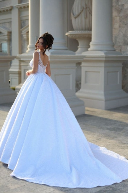 Fabulous Floor Length Sleeveless V Neck Beading Ball Gown Wedding Dress Lace