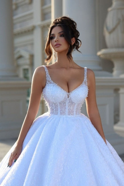 Fabulous Floor Length Sleeveless V Neck Beading Ball Gown Wedding Dress Lace