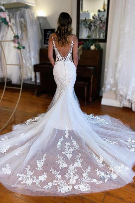 Robes de mariée longues sexy en dentelle, sans manches, col en V, coupe sirène avec traîne
