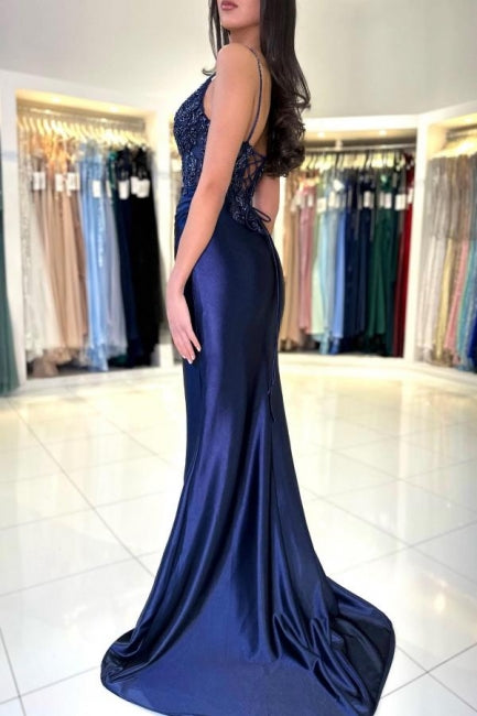 Abito da sera lungo blu marina con scollo a V, spalline sottili, pizzo e spacco, stile sirena, sensuale