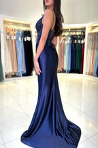 Abito da sera lungo blu marina con scollo a V, spalline sottili, pizzo e spacco, stile sirena, sensuale