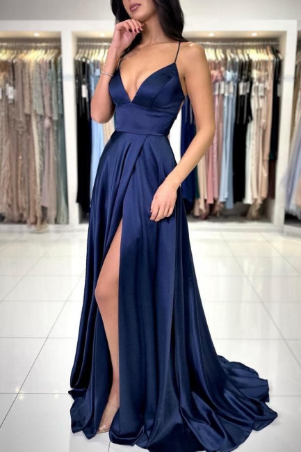 Abito da sera lungo semplice blu navy con spalline sottili e spacco