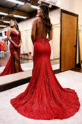 Abito da sera sirena con scollo a V sexy, schiena scoperta, spalline sottili e paillettes, con spacco