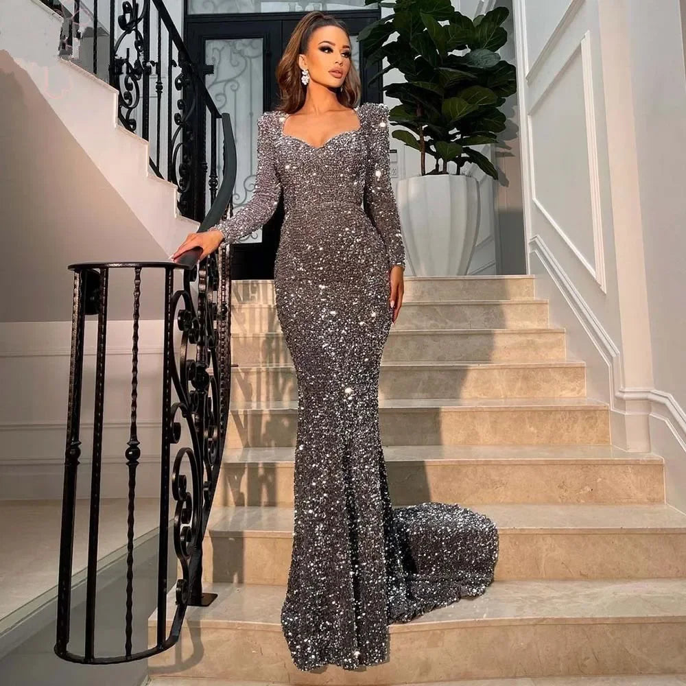 Abiti da Sera Sirena Sensuali 2025 per Donna Maniche Lunghe Scollatura a Cuore Velluto Paillettes per Matrimonio Cerimonia Ballo Feste Gala Veste da Serata SYP190