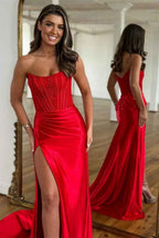 Fuchsia Strapless Corset Satin Mermaid Prom Dress