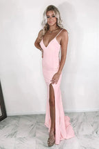 Vestido de Baile Rosa Sereia com Decote em V e Fenda SYP108