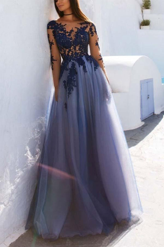 Sexy lange Ärmel blaue Spitze offenem Rücken Ballkleider Abendkleider