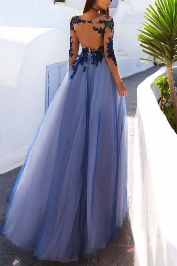 Sexy lange Ärmel blaue Spitze offenem Rücken Ballkleider Abendkleider