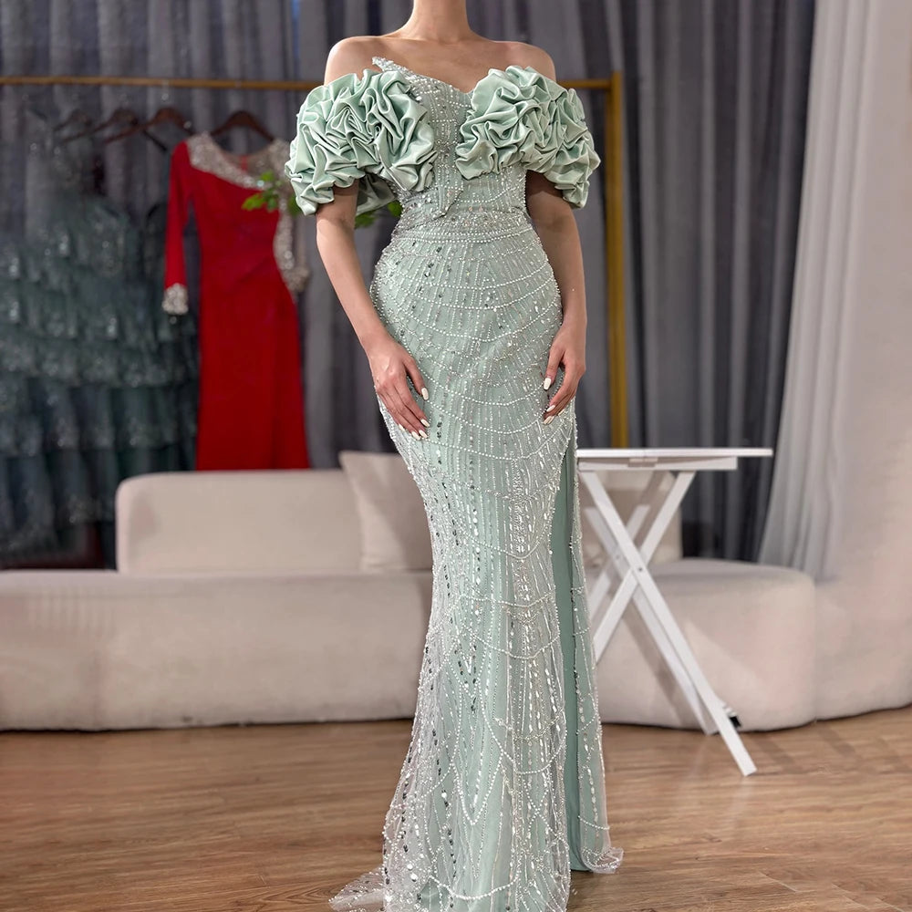 Serene Hill Sage Green Off Shoulder Mermaid Arabic Evening Gown