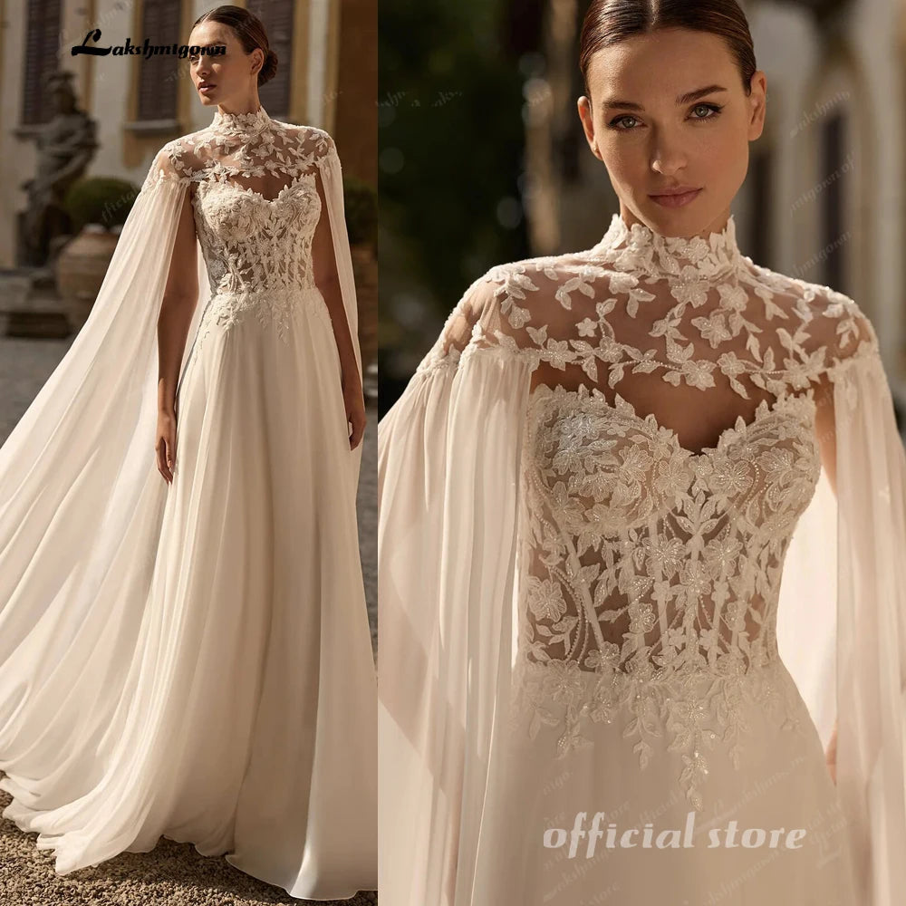 Lakshmigown Two Piece Wedding Dress Sheer Lace Corset Chiffon Cape A Line Custom