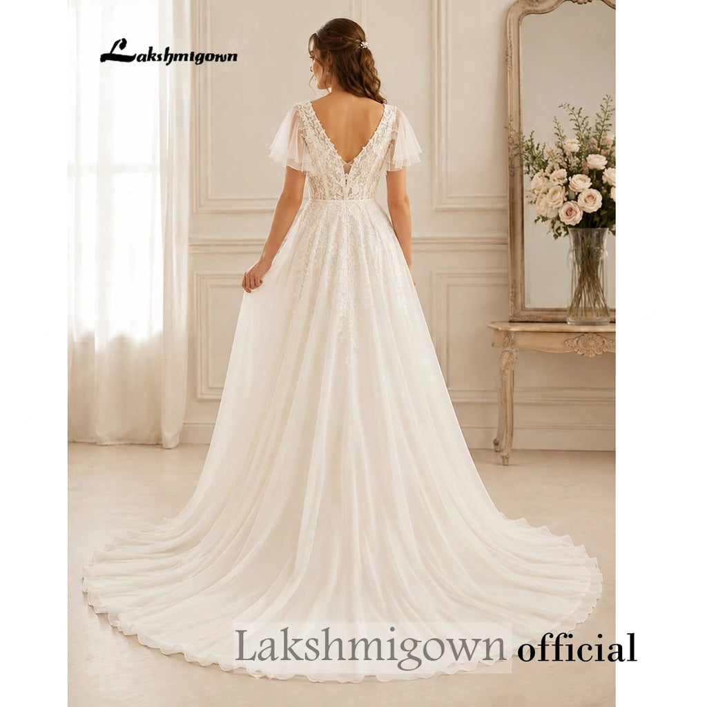Custom Ivory Chiffon Boho Wedding Dress Lace Beach Bridal Gown