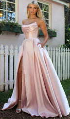 Vestidos de fiesta de corsé sin tirantes para mujer con abertura, vestidos largos formales de satén con bolsillos, elegante vestido de fiesta sin mangas