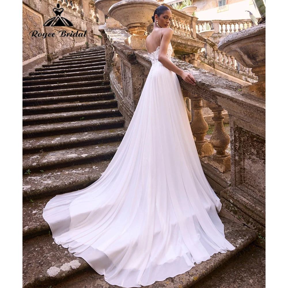 Custom Beach Wedding Dress V Neck Lace Chiffon Flowy Bridal Gown