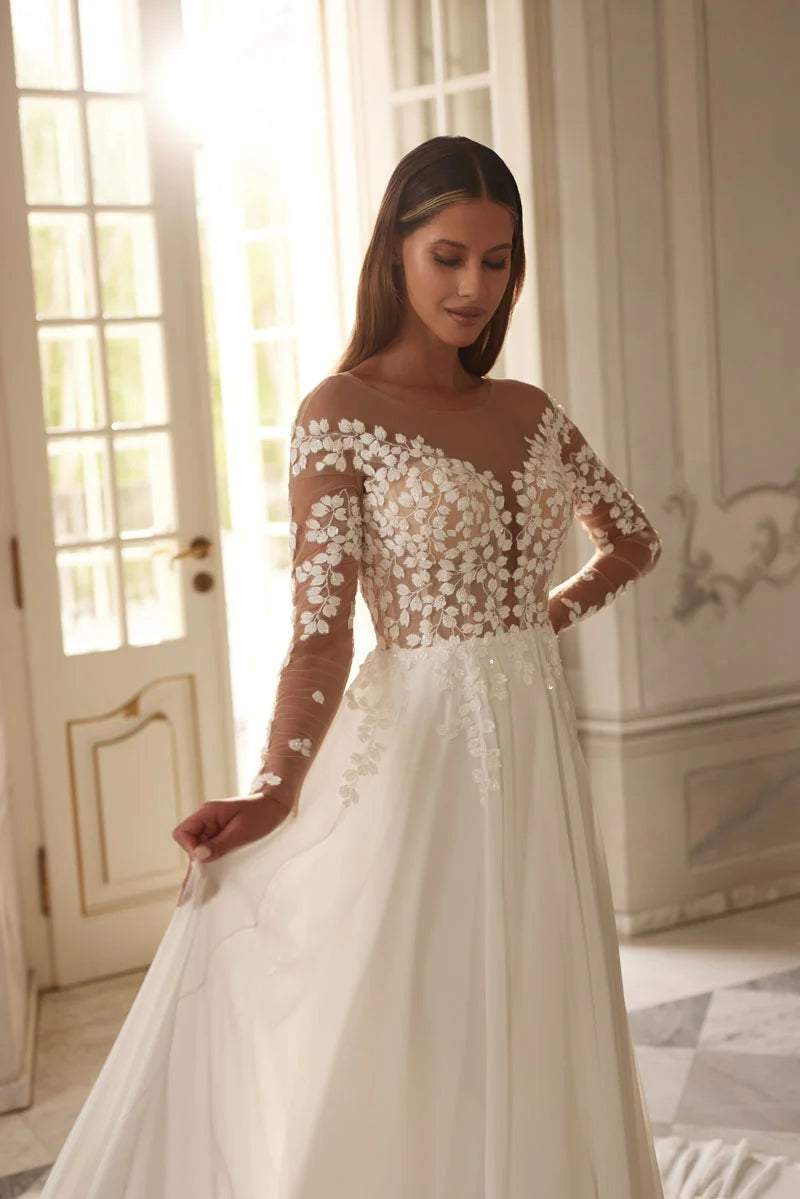 Custom Boho Chiffon Bridal Gown For Women Long Sleeves V Neck Beach Dress