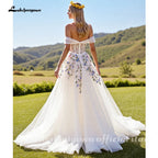 Ivory Floral Embroidery Off The Shoulder A Line Custom Made Wedding Dress