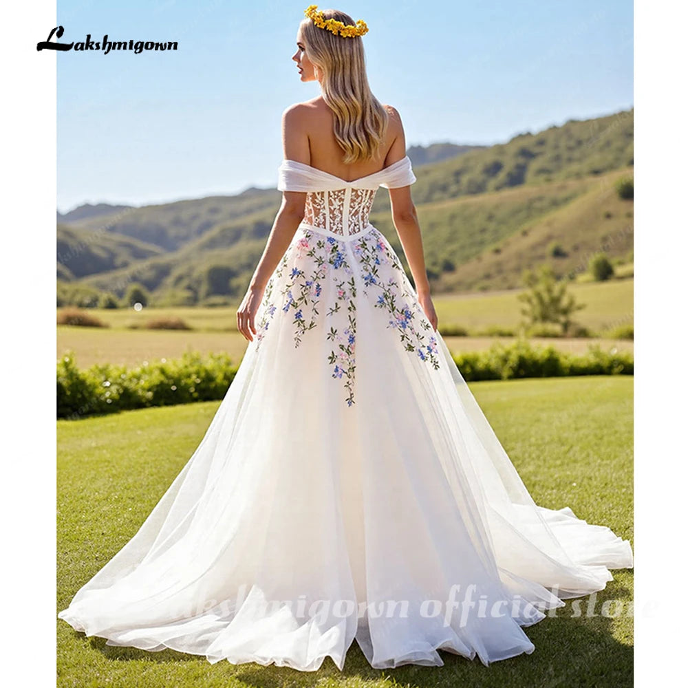 Ivory Floral Embroidery Off The Shoulder A Line Custom Made Wedding Dress
