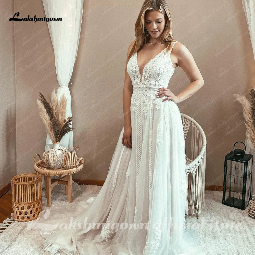 Boho Lace Applique Wedding Dress With Plunging V Neck For Beach Brides